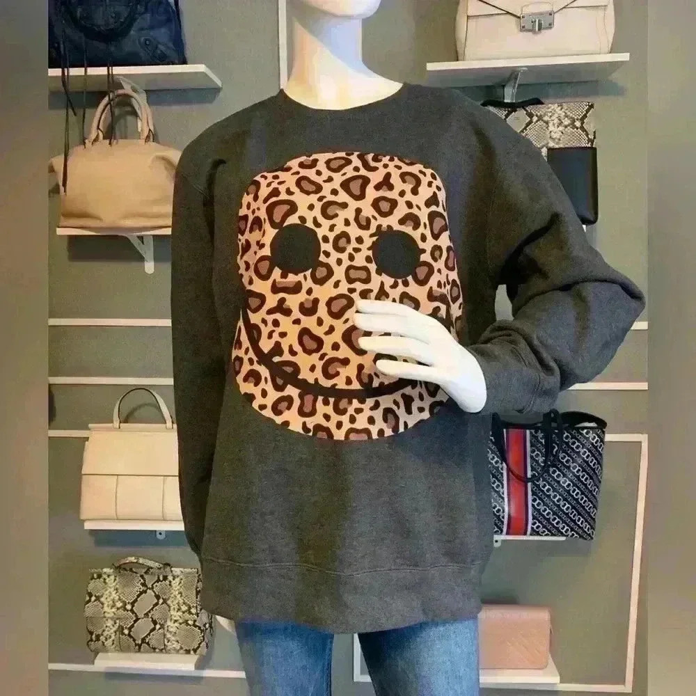 Port & Company Leopard Print Smiley Face Charcoal Pullover Size Large